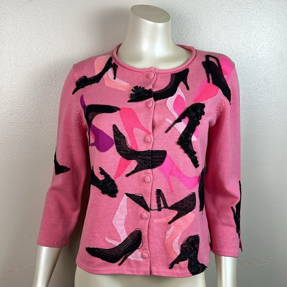 Vintage Michael Simon NY 2002 sweater small Pink Black High Heels Cardigan Y2K